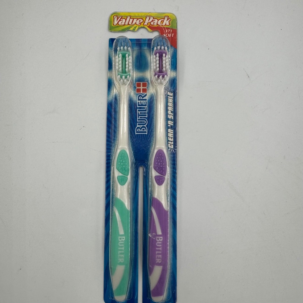 Butler Clean n Sparkle Toothbrush Adult 2pk Green Purple Soft‎ Bristles 371 NEW